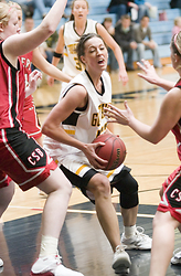 Bri Monahan fights through a pair of Saint Ben's defenders in the paint.