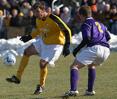 Alex Groth, who scored the game-winning goal, looks to control a pass from a teammate.