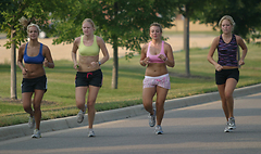 First year competitors (l to r) Emma Wilson, Kim Rostvold, Ann Bergstrand, and Kelli Hall wrap up their morning run.