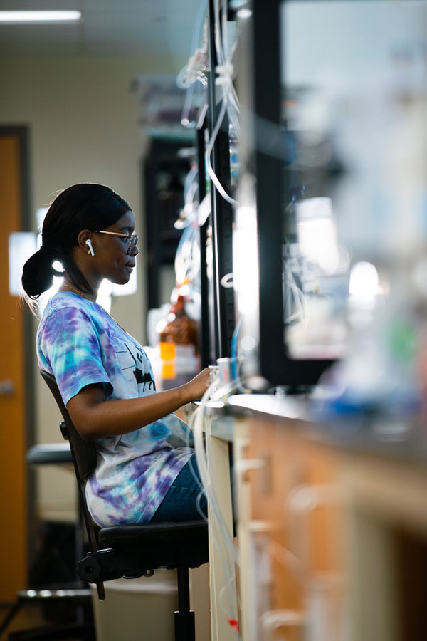 Student seated working at a lab desk.